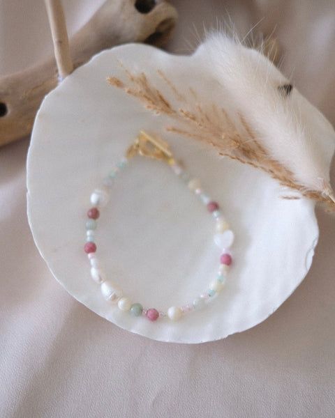 Freshwater Pearl Beaded Bracelet (Pink Rhodonite & Jade) v2 - 15cm