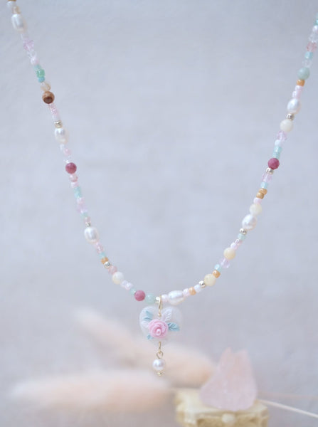 Pastel Pink Floral Heart Necklace - v2