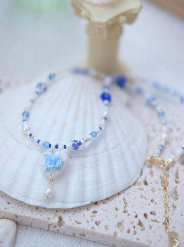 Pastel Blue Floral Heart Necklace