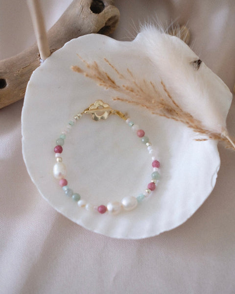 Freshwater Pearl Beaded Bracelet (Pink Rhodonite & Jade) v1 - 14.5cm