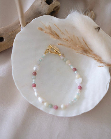 Freshwater Pearl Beaded Bracelet (Pink Rhodonite & Jade) v2 - 15cm