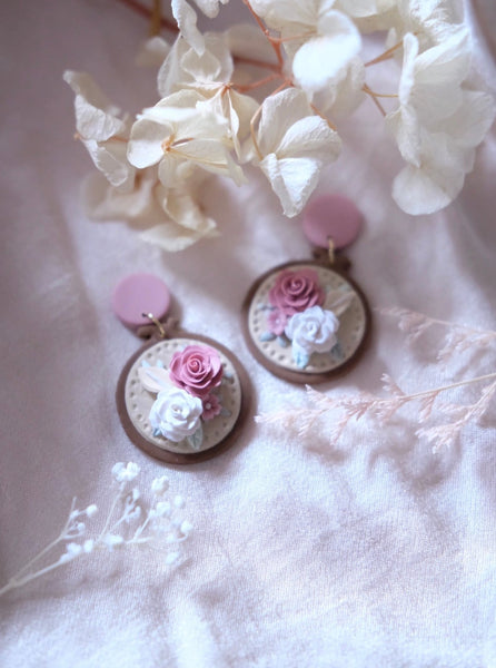 Embroidery Hoop - Pink Floral (Brown Hoop)