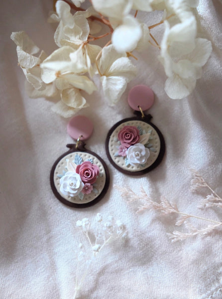 Embroidery Hoop - Pink Floral (Dark Brown Hoop)